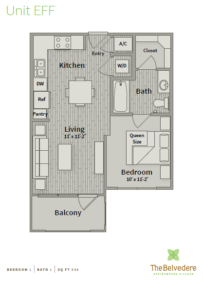 Floor plan for studio, 1 bath, 539 sqft